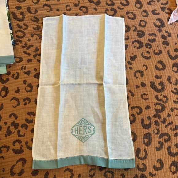 Vintage Linen Towels His Hers Embroidered Fingertip Floral Kitchen Turquoise - Picture 15 of 15